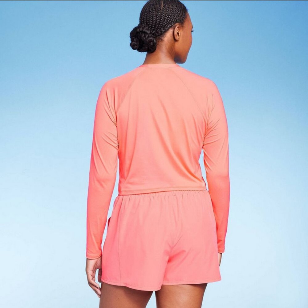 Women's UPF 50 Cropped Crewneck Long Sleeve Rash Guard - Kona Sol Coral Pink L - Picture 2 of 4